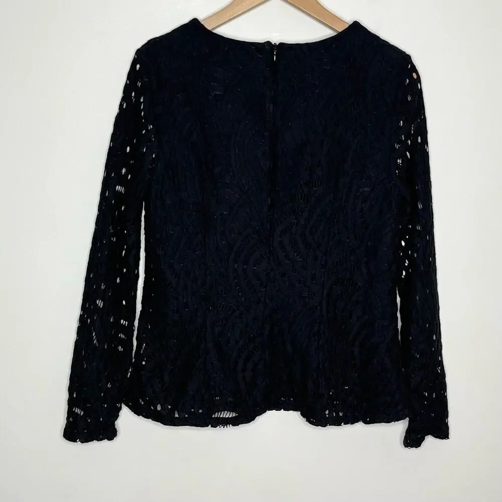 Boden Zeta Lace Top Size 6 Black Long Sleeve Lined Openwork Blouse